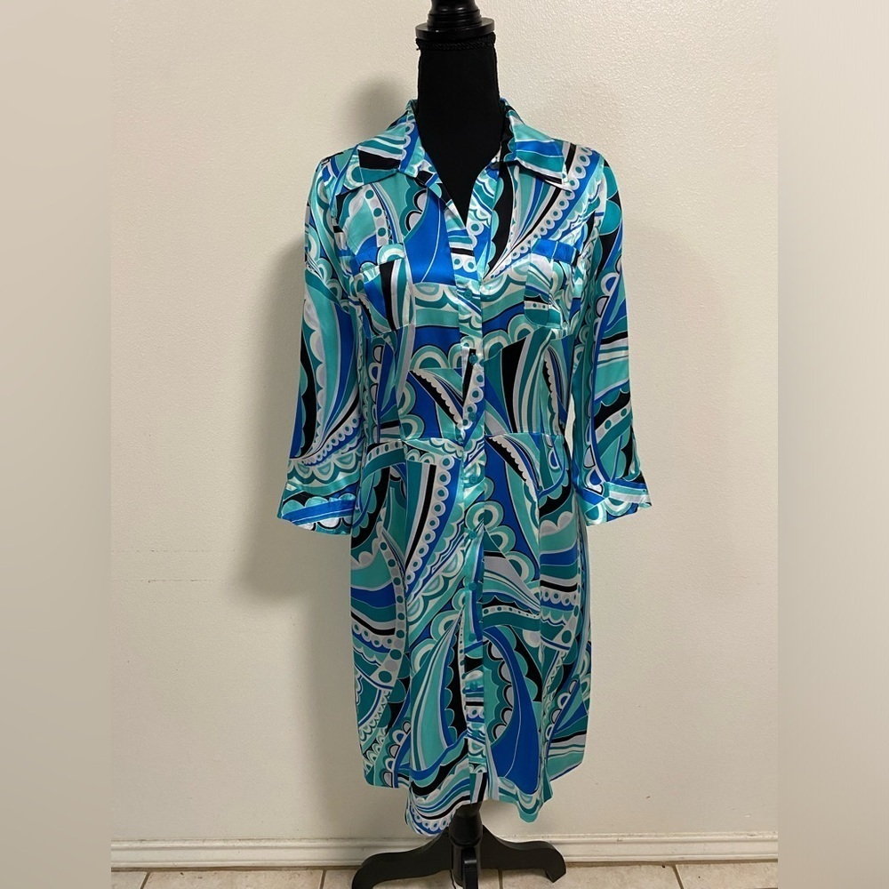 Boston Proper 100% Silk Shirt collar button up dress Abstract Blues Size 8